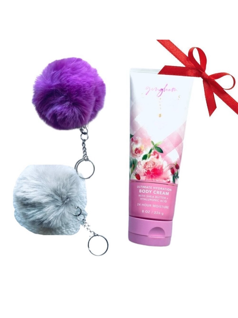 🍑🌸 NEW Bath & Body Works Gingham Gorgeous Body Cream + 2 Pompom Keychains 🎀✨